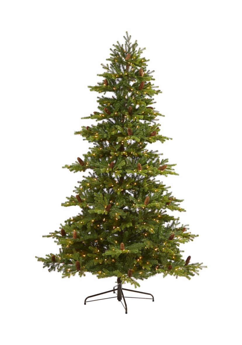 7.5 Foot Yukon Mountain Fir Artificial Christmas Tree with 600 Clear Lights, Pine Cones, and 1740 Bendable Branches