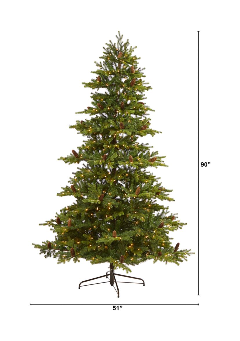 7.5 Foot Yukon Mountain Fir Artificial Christmas Tree with 600 Clear Lights, Pine Cones, and 1740 Bendable Branches