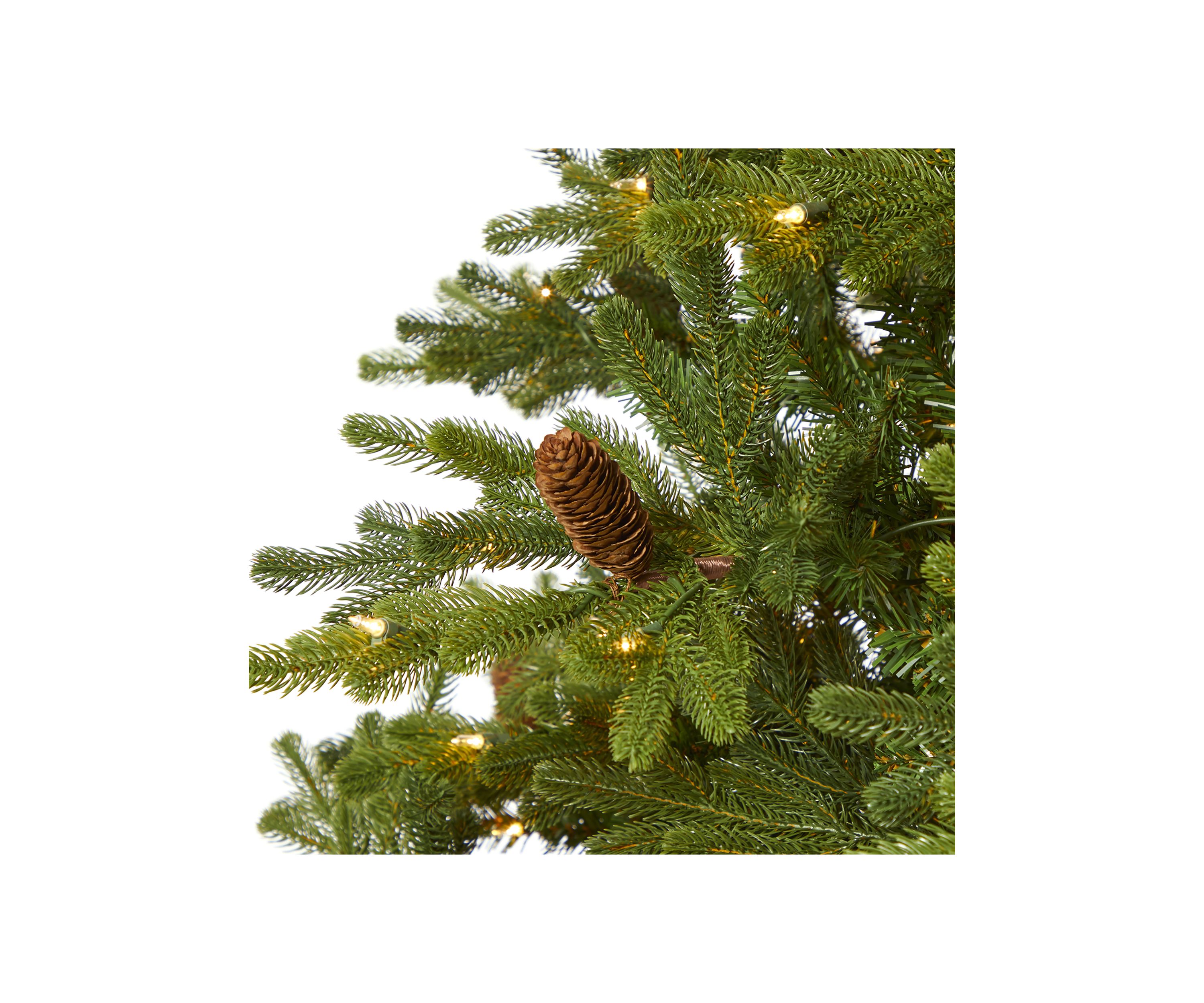 7.5 Foot Yukon Mountain Fir Artificial Christmas Tree with 600 Clear Lights, Pine Cones, and 1740 Bendable Branches