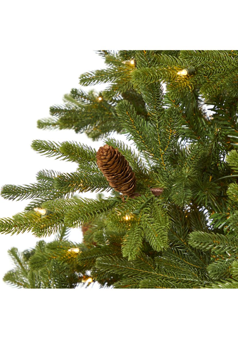 7.5 Foot Yukon Mountain Fir Artificial Christmas Tree with 600 Clear Lights, Pine Cones, and 1740 Bendable Branches