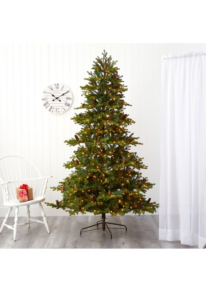 7.5 Foot Yukon Mountain Fir Artificial Christmas Tree with 600 Clear Lights, Pine Cones, and 1740 Bendable Branches