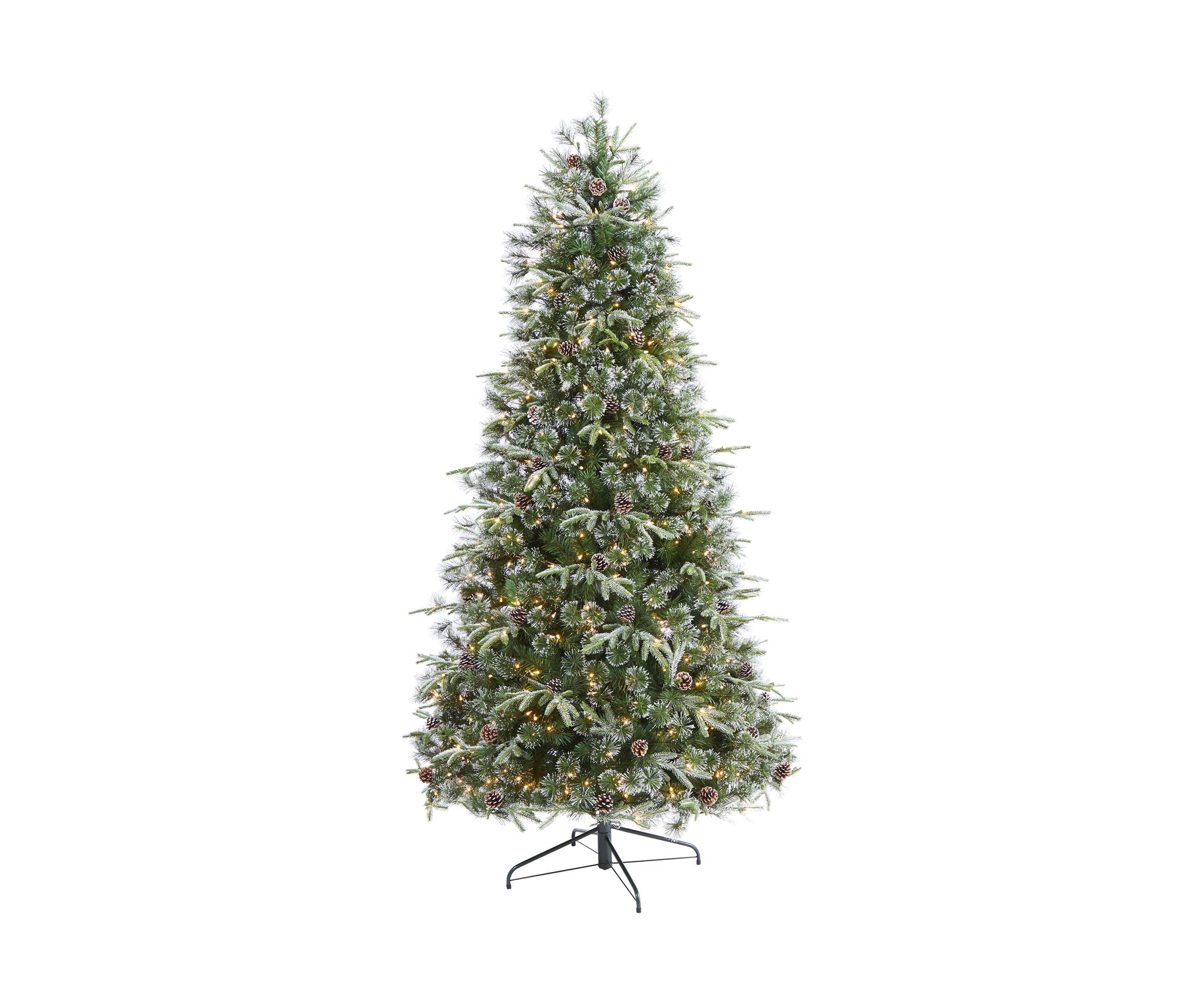 7.5 Foot Snowed Tipped Clermont Mixed Pine Artificial Christmas Tree with 600 Clear LED Lights, Pine Cones and 1784 Bendable Branches