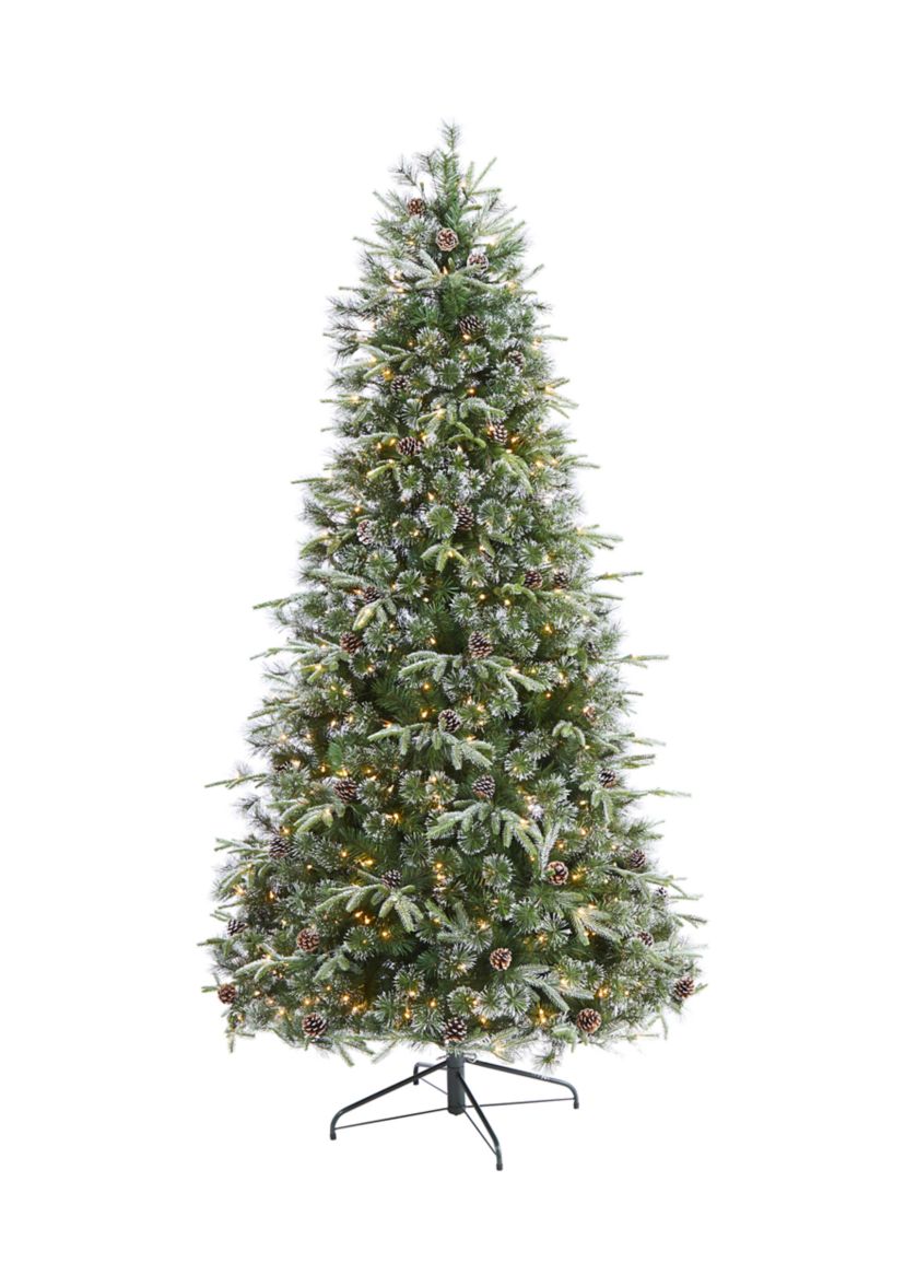 7.5 Foot Snowed Tipped Clermont Mixed Pine Artificial Christmas Tree with 600 Clear LED Lights, Pine Cones and 1784 Bendable Branches