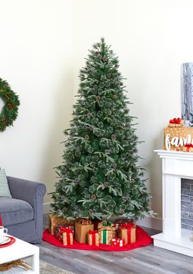 7.5 Foot Snowed Tipped Clermont Mixed Pine Artificial Christmas Tree with 600 Clear LED Lights, Pine Cones and 1784 Bendable Branches