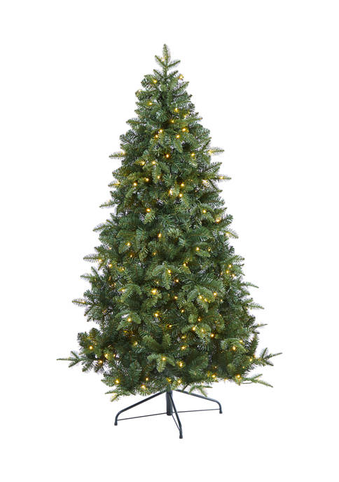 6 Foot Grand Teton Spruce Flat Back Artificial Christmas Tree with 180 Clear LED Lights and 727 Bendable Branches