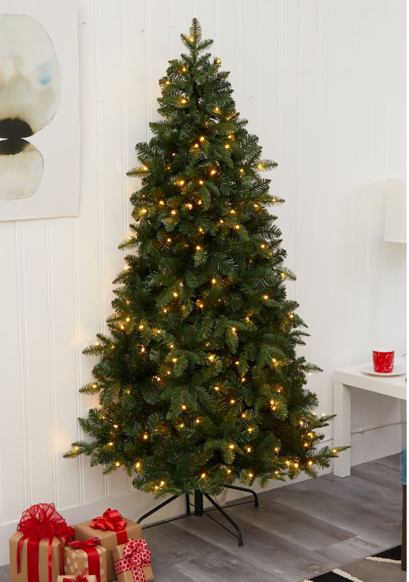 6 Foot Grand Teton Spruce Flat Back Artificial Christmas Tree with 180 Clear LED Lights and 727 Bendable Branches