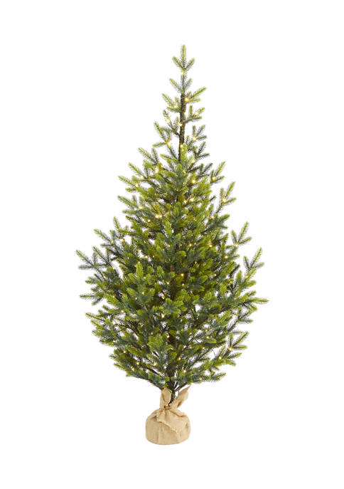 5 Foot Fraser Fir “Natural Look” Artificial Christmas Tree with 200 Clear LED Lights, a Burlap Base and 853 Bendable Branches