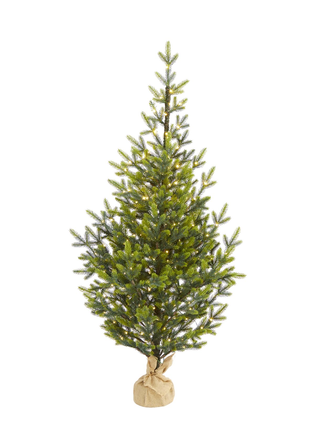 5 Foot Fraser Fir “Natural Look” Artificial Christmas Tree with 200 Clear LED Lights, a Burlap Base and 853 Bendable Branches