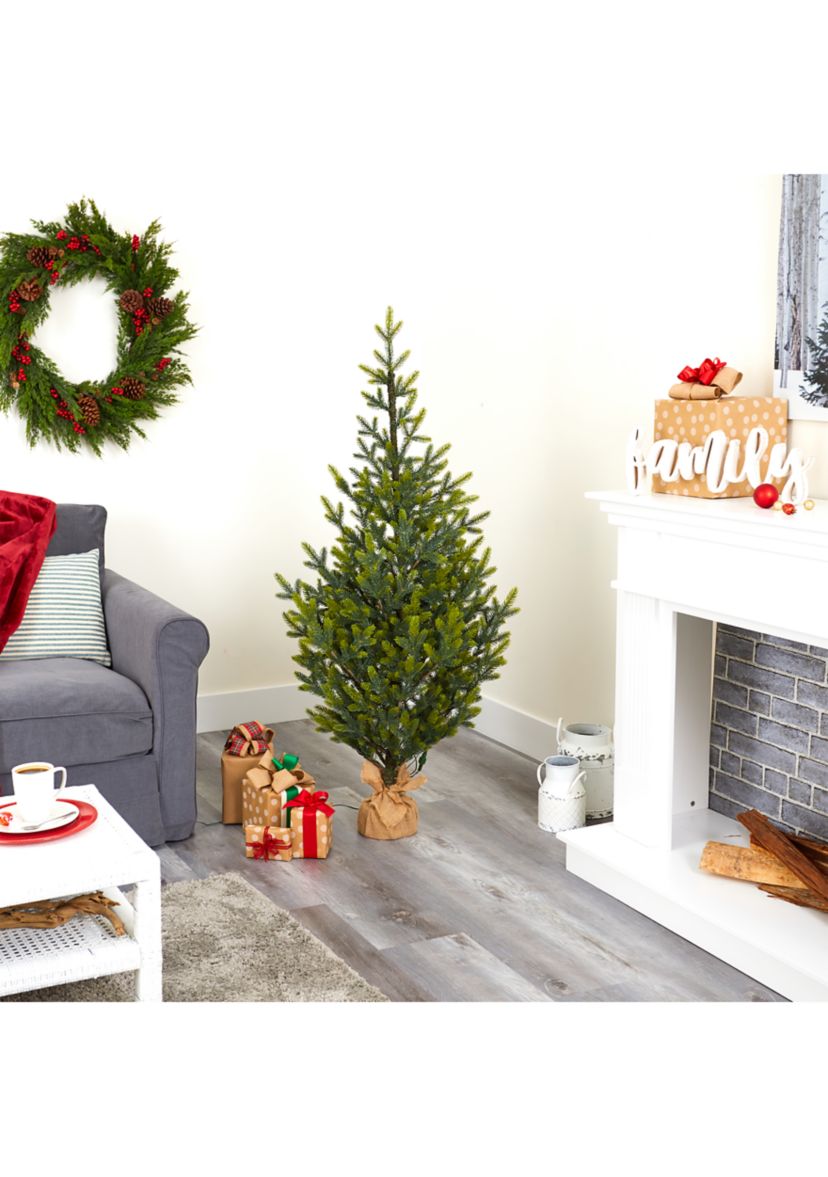 5 Foot Fraser Fir “Natural Look” Artificial Christmas Tree with 200 Clear LED Lights, a Burlap Base and 853 Bendable Branches