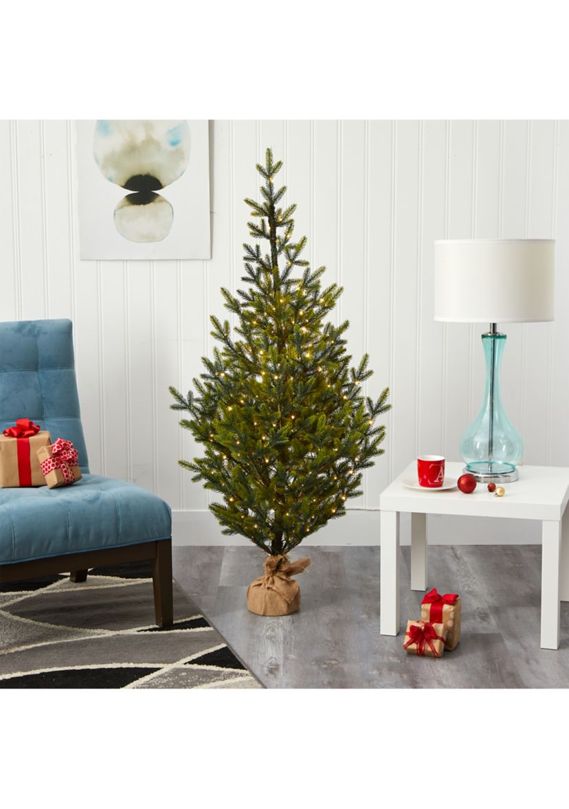 5 Foot Fraser Fir “Natural Look” Artificial Christmas Tree with 200 Clear LED Lights, a Burlap Base and 853 Bendable Branches