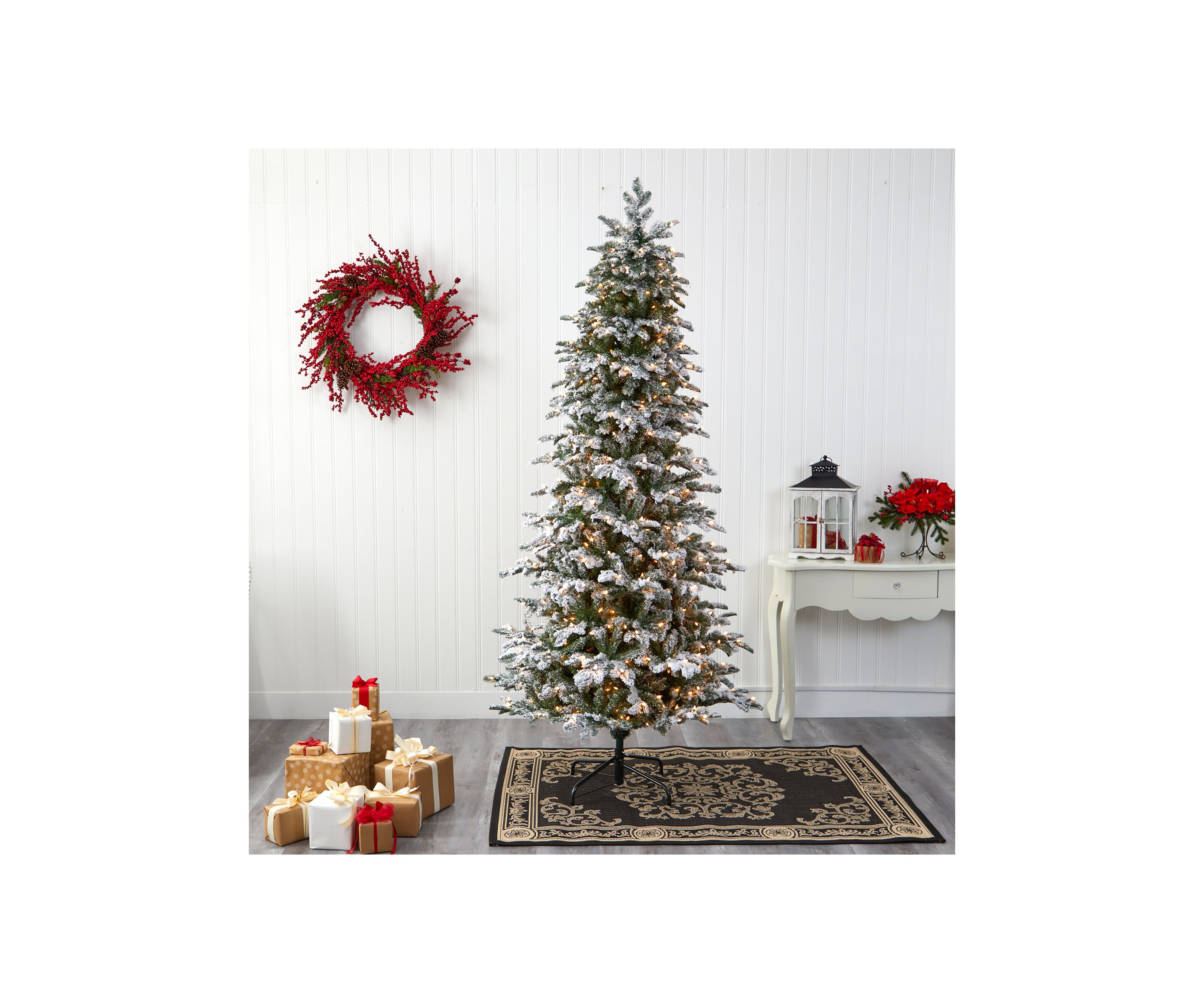 8 Foot Flocked North Carolina Fir Artificial Christmas Tree with 650 Warm White Lights and 2593 Bendable Branches