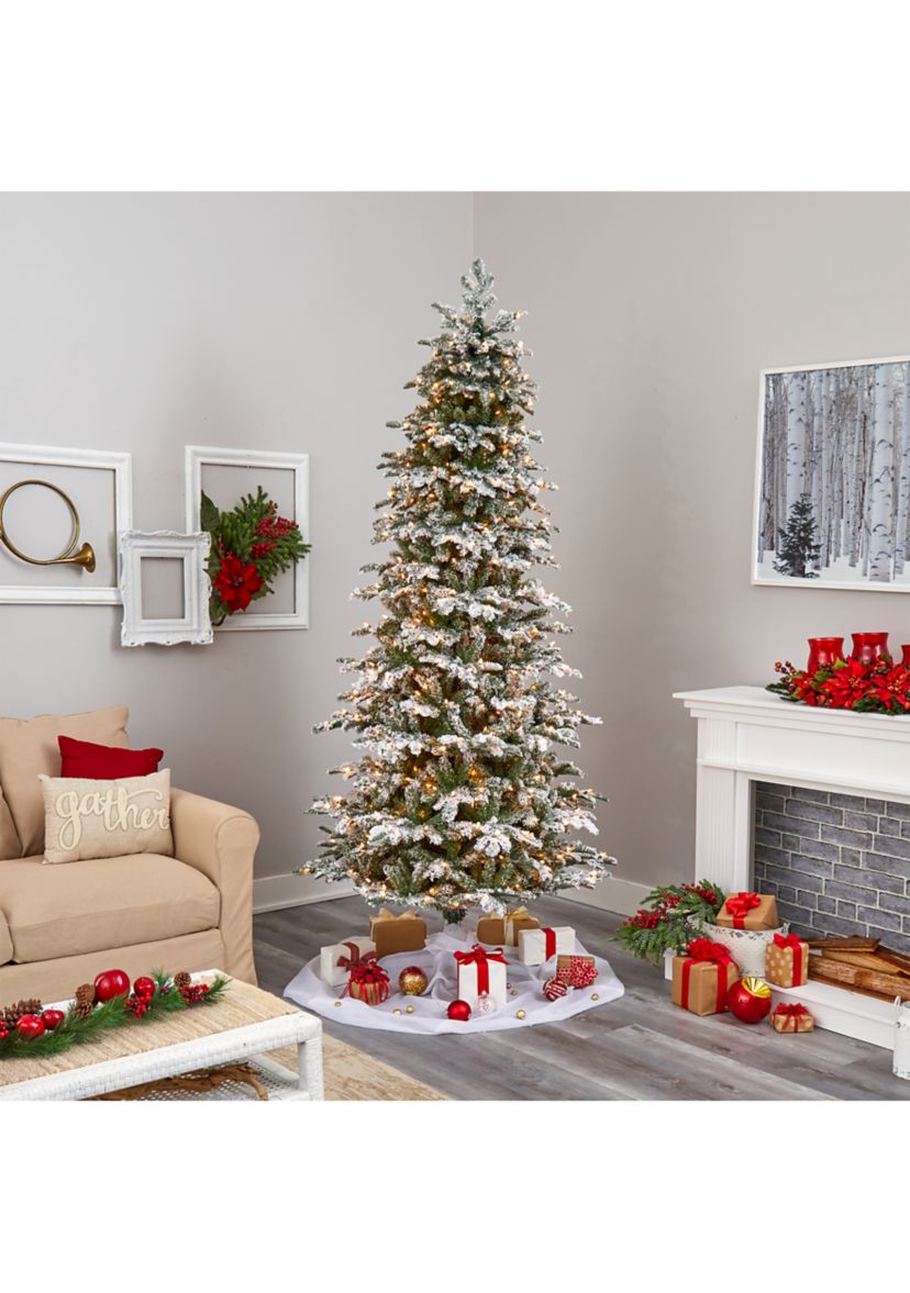 8 Foot Flocked North Carolina Fir Artificial Christmas Tree with 650 Warm White Lights and 2593 Bendable Branches