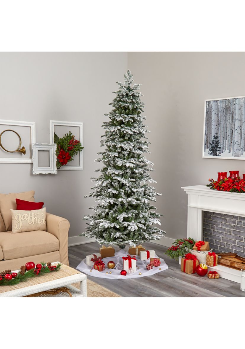 8 Foot Flocked North Carolina Fir Artificial Christmas Tree with 650 Warm White Lights and 2593 Bendable Branches