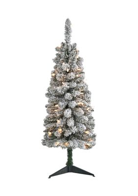 Nearly Natural 3-Foot Flocked Pencil Artificial Christmas Tree with 50 Clear Lights and 132 Bendable Branches, White, 3 Foot