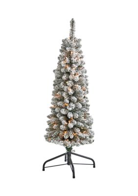 Nearly Natural 4 Foot Flocked Pencil Artificial Christmas Tree with 100 Clear Lights and 216 Bendable Branches, White