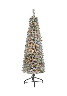 Nearly Natural 5 Foot Flocked Pencil Artificial Christmas Tree with 200 Clear Lights and 318 Bendable Branches, White