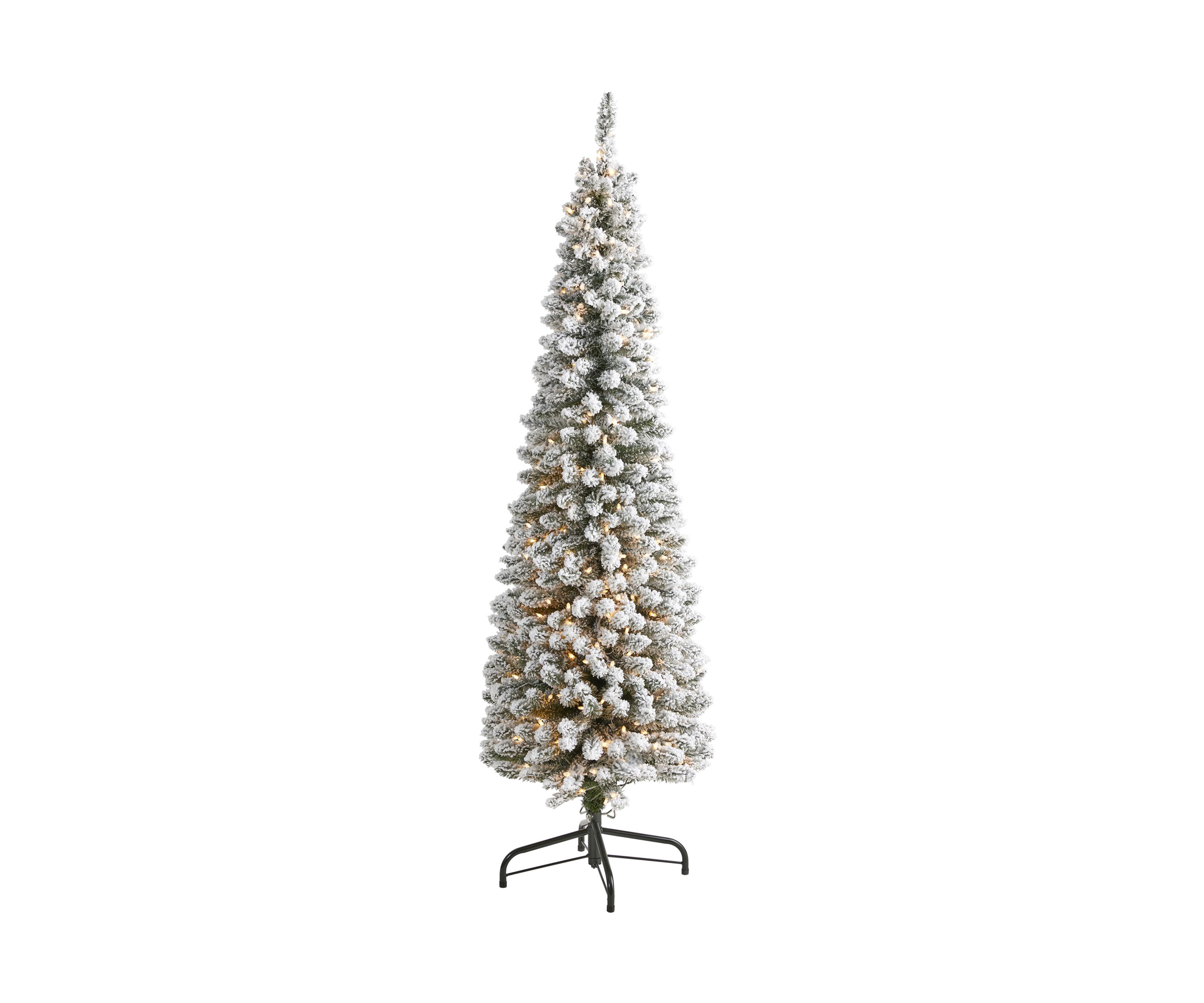 6 Foot Flocked Pencil Artificial Christmas Tree with 300 Clear Lights and 438 Bendable Branches