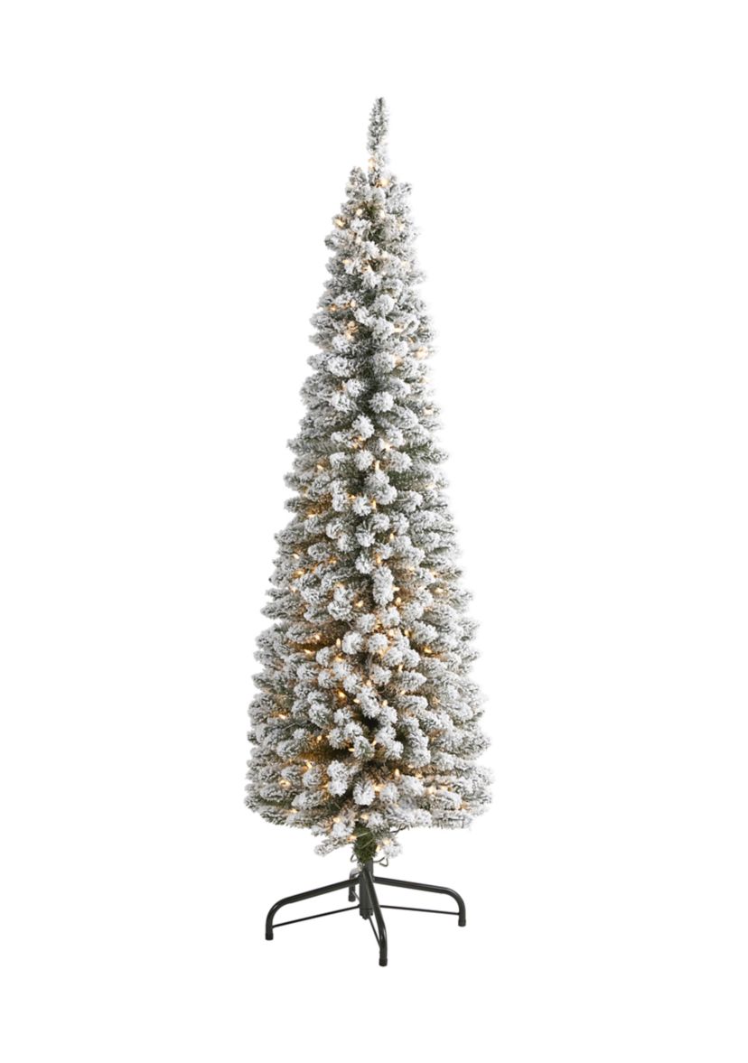 6 Foot Flocked Pencil Artificial Christmas Tree with 300 Clear Lights and 438 Bendable Branches