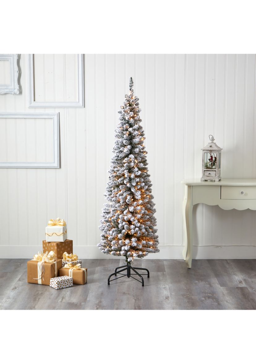 6 Foot Flocked Pencil Artificial Christmas Tree with 300 Clear Lights and 438 Bendable Branches