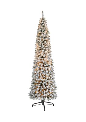 Nearly Natural 7 Foot Flocked Pencil Artificial Christmas Tree with 400 Clear Lights and 574 Bendable Branches