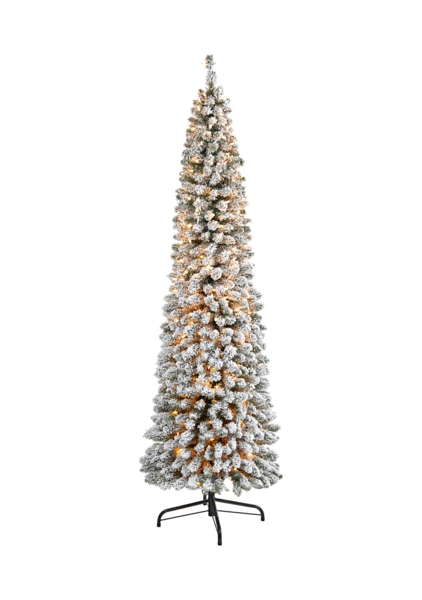 7 Foot Flocked Pencil Artificial Christmas Tree with 400 Clear Lights and 574 Bendable Branches