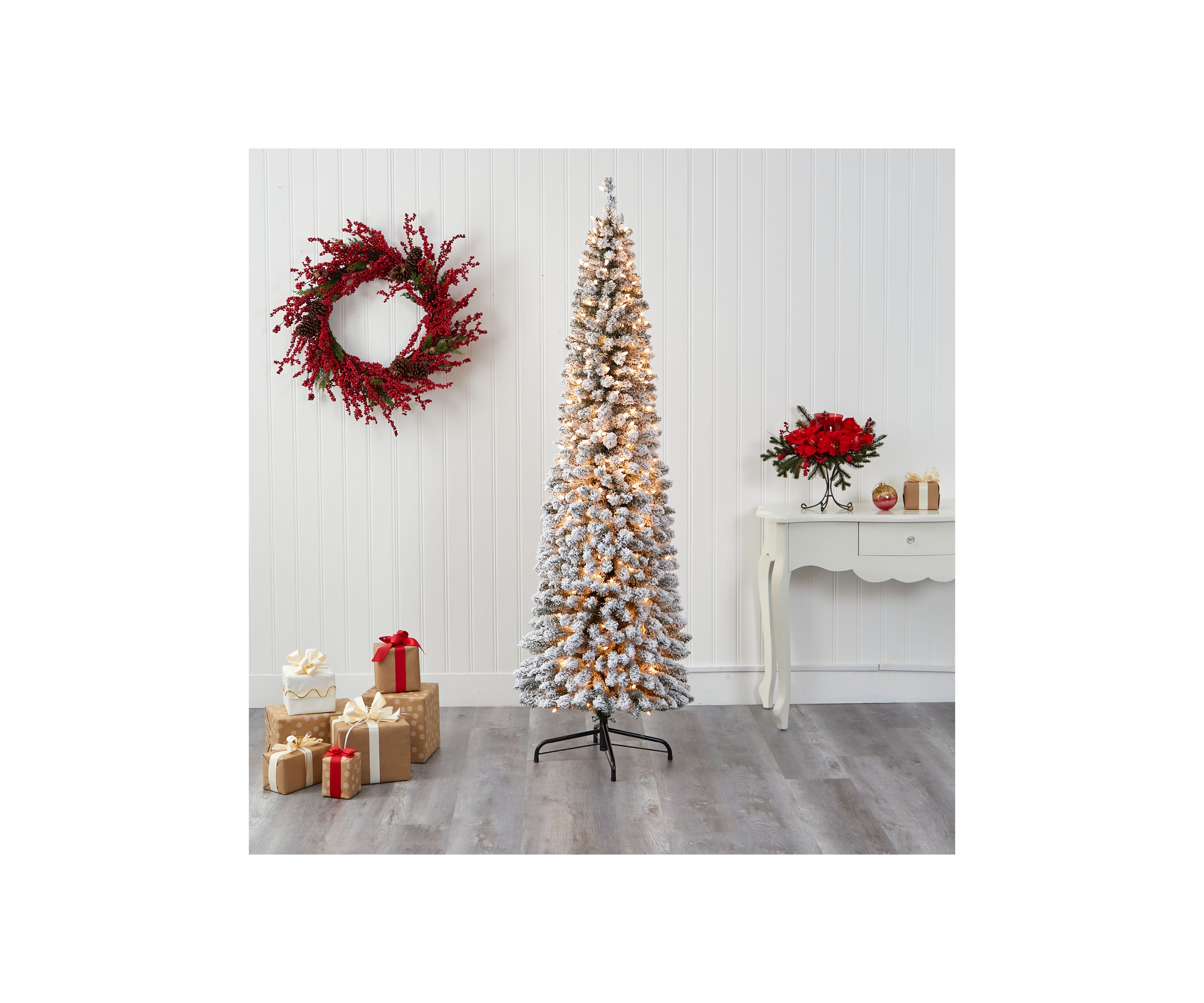 7 Foot Flocked Pencil Artificial Christmas Tree with 400 Clear Lights and 574 Bendable Branches