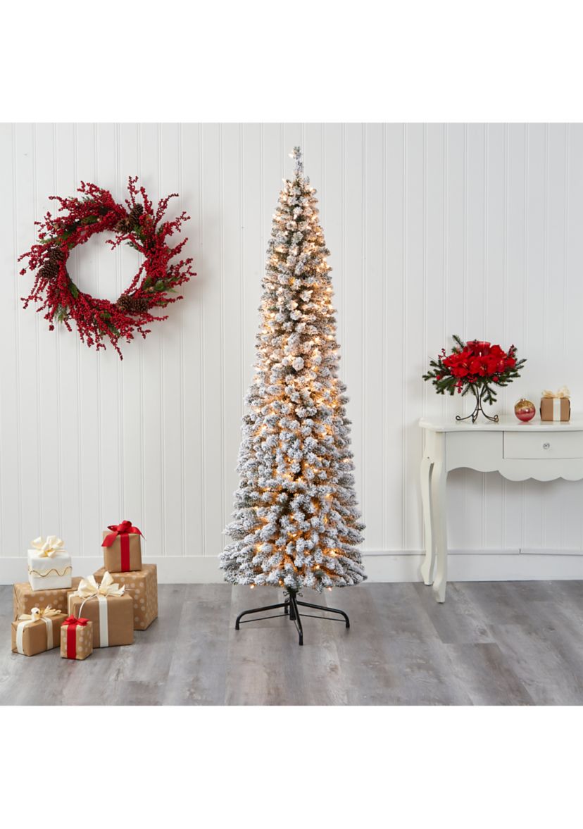 7 Foot Flocked Pencil Artificial Christmas Tree with 400 Clear Lights and 574 Bendable Branches