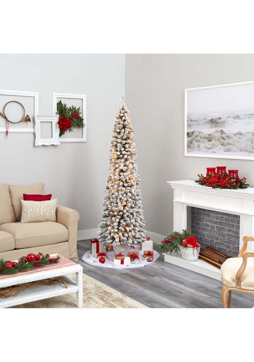 7 Foot Flocked Pencil Artificial Christmas Tree with 400 Clear Lights and 574 Bendable Branches