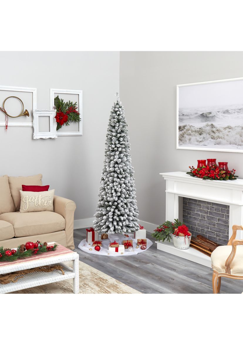 7 Foot Flocked Pencil Artificial Christmas Tree with 400 Clear Lights and 574 Bendable Branches