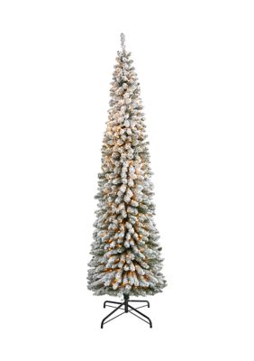 Nearly Natural 8 Foot Flocked Pencil Artificial Christmas Tree with 500 Clear Lights and 646 Bendable Branches, White, 9 Foot