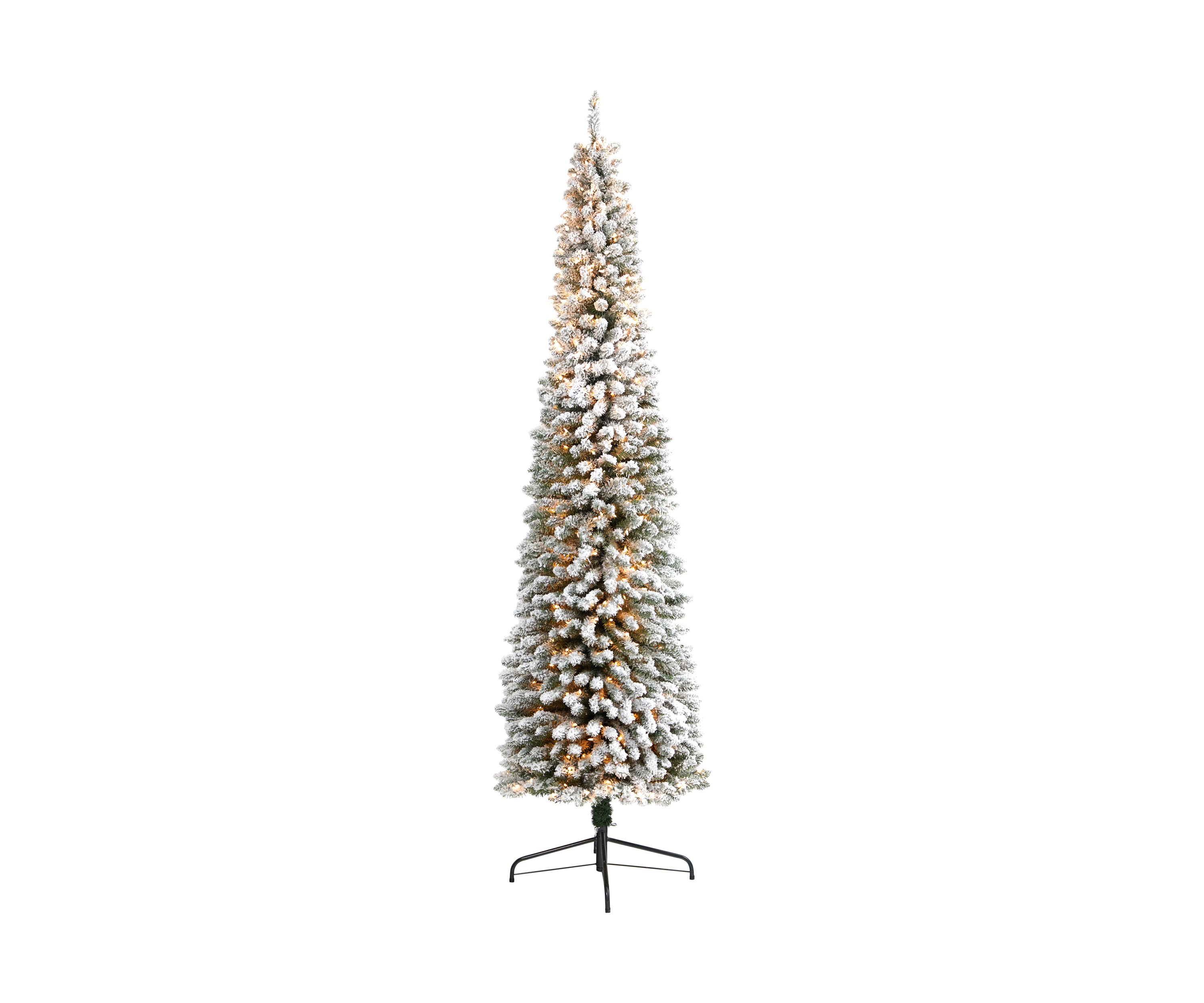 9 Foot Flocked Pencil Artificial Christmas Tree with 600 Clear Lights and 896 Bendable Branches