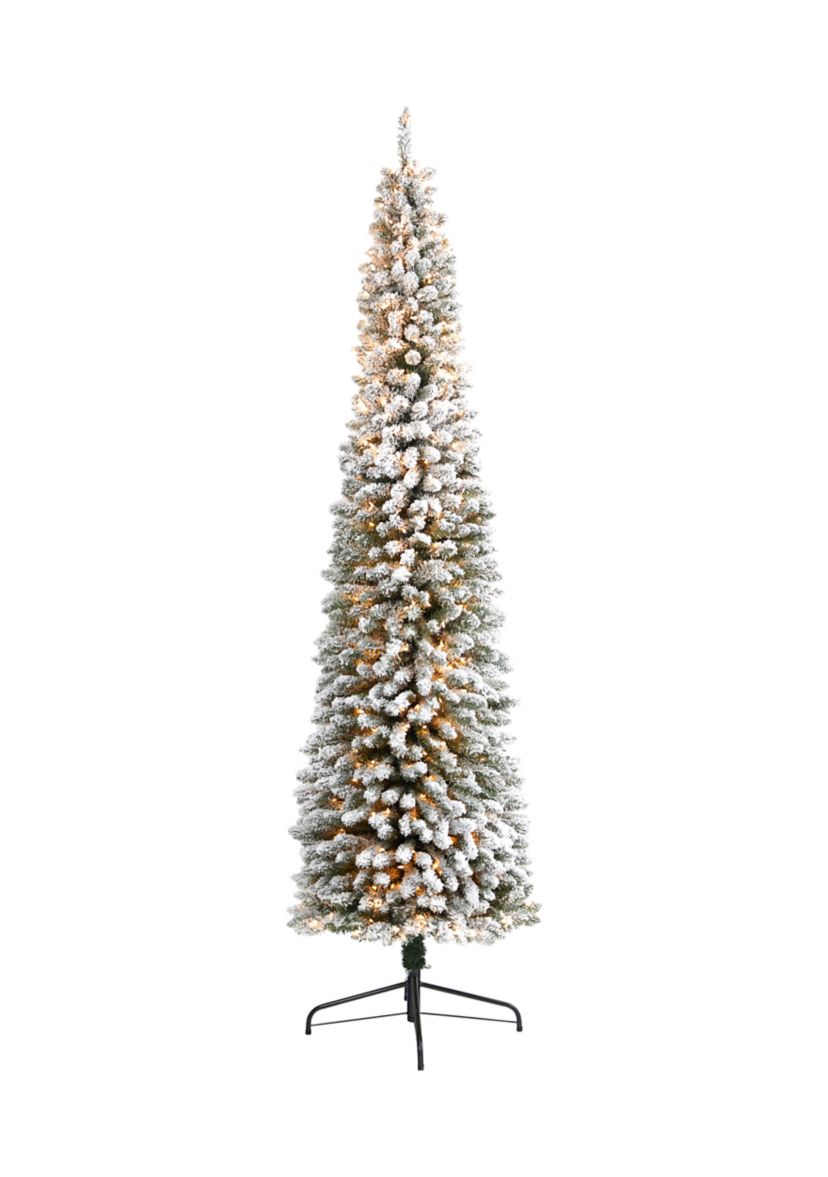 9 Foot Flocked Pencil Artificial Christmas Tree with 600 Clear Lights and 896 Bendable Branches