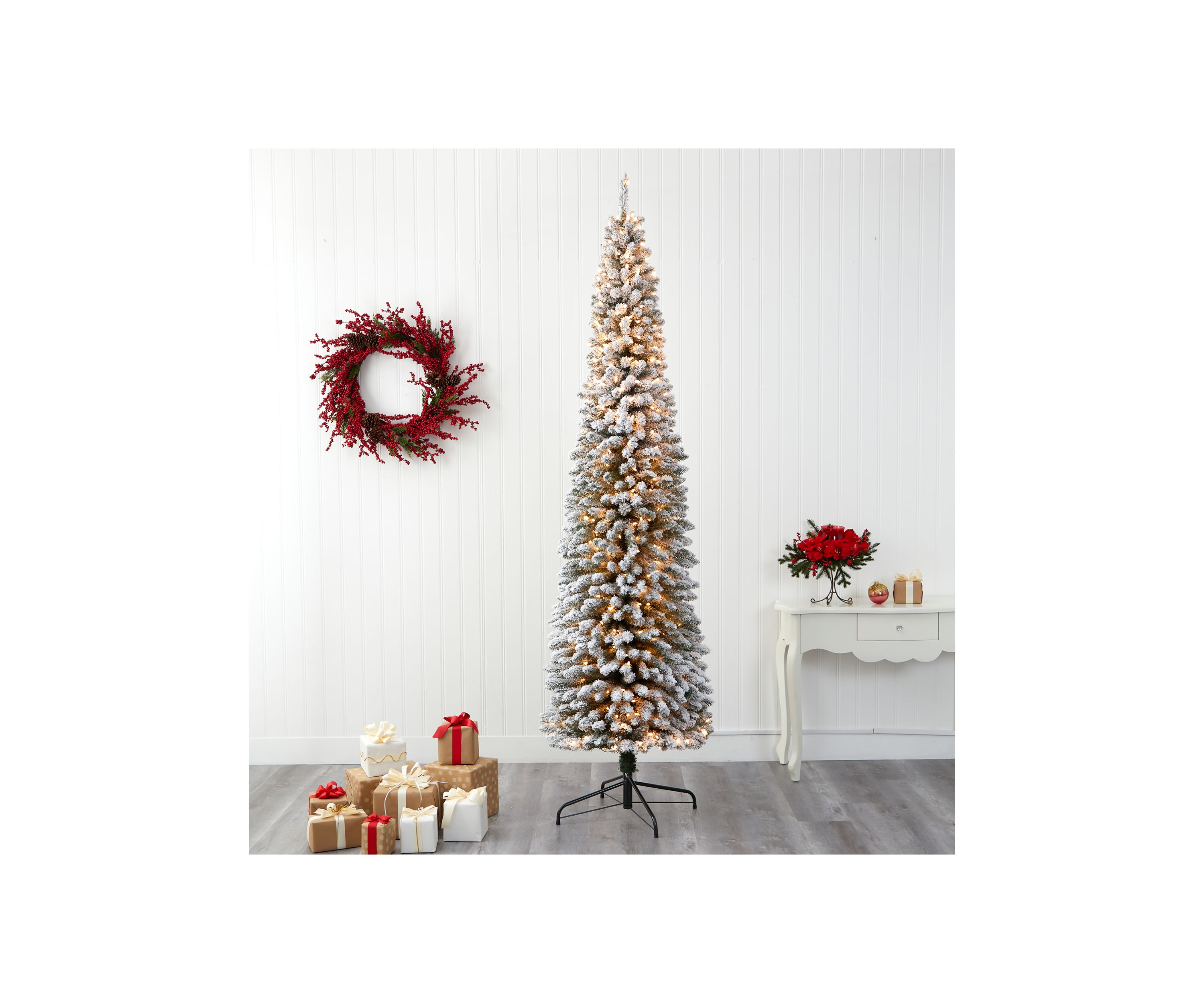 9 Foot Flocked Pencil Artificial Christmas Tree with 600 Clear Lights and 896 Bendable Branches