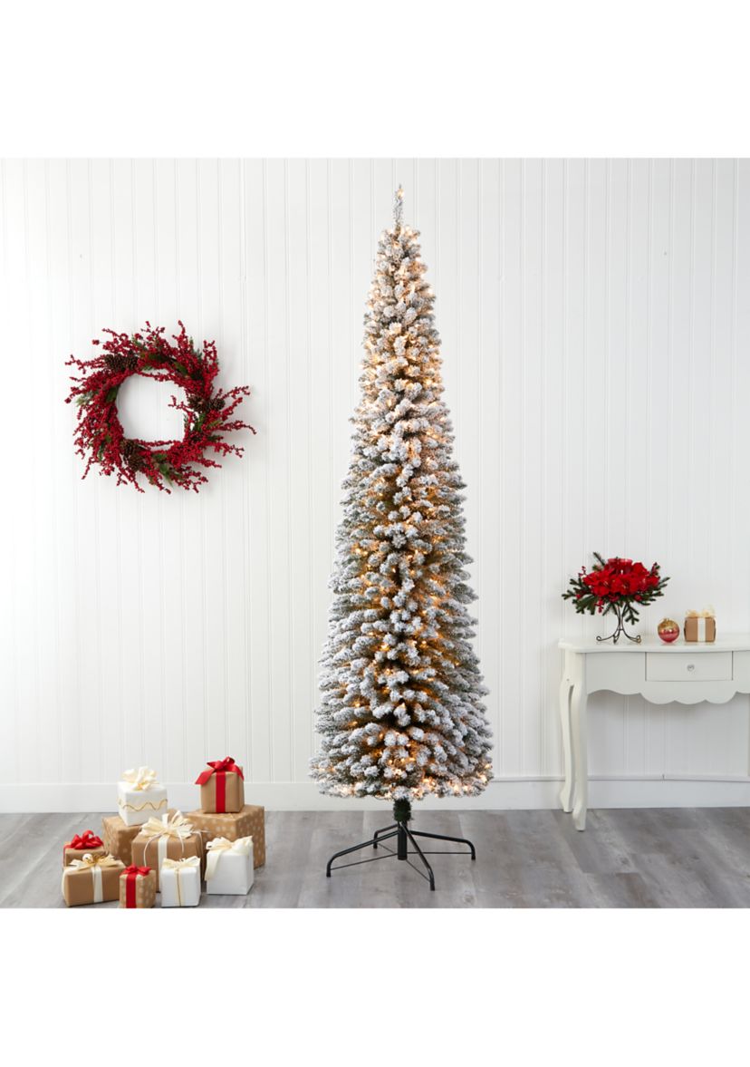 9 Foot Flocked Pencil Artificial Christmas Tree with 600 Clear Lights and 896 Bendable Branches