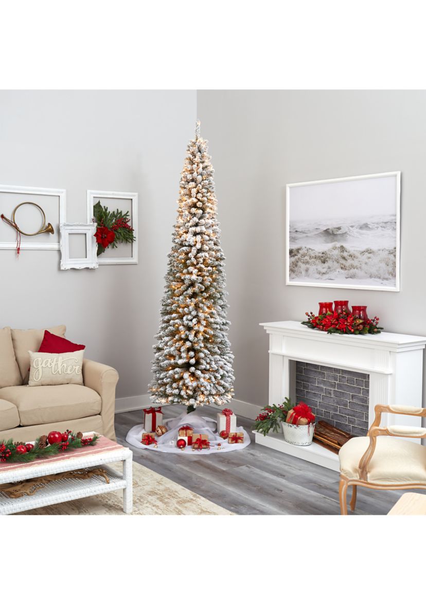 9 Foot Flocked Pencil Artificial Christmas Tree with 600 Clear Lights and 896 Bendable Branches