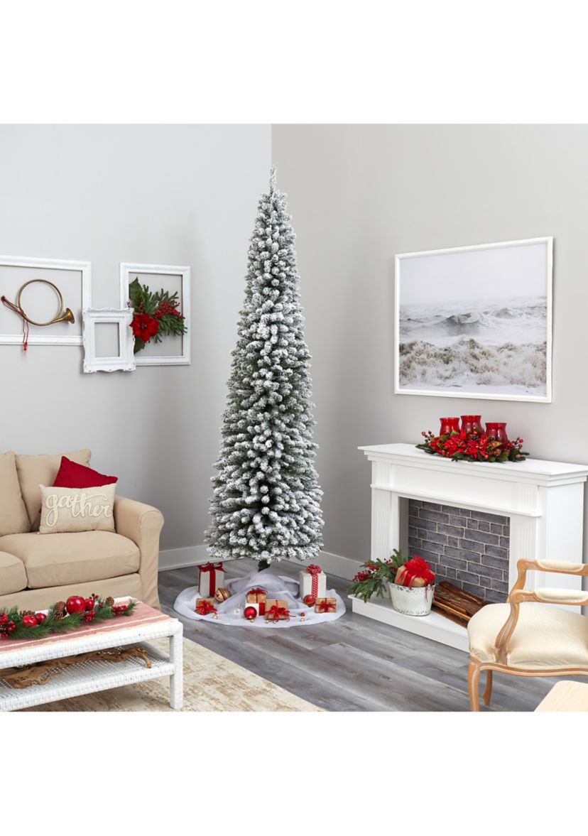 9 Foot Flocked Pencil Artificial Christmas Tree with 600 Clear Lights and 896 Bendable Branches