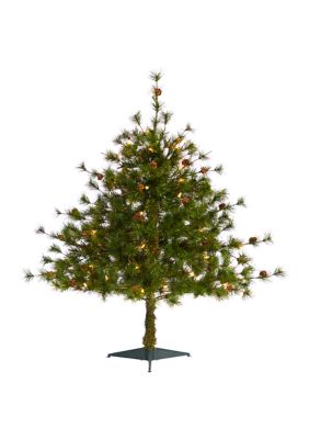 Nearly Natural 3 Foot Colorado Mountain Pine Artificial Christmas Tree with 50 Clear Lights, 171 Bendable Branches, and Pine Cones, Green
