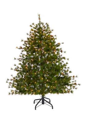 Nearly Natural 5 Foot Colorado Mountain Pine Artificial Christmas Tree with 250 Clear Lights, 669 Bendable Branches, and Pine Cones, Green
