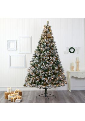 9-Foot Flocked Oregon Pine Artificial Christmas Tree with 600 Clear Lights and 1580 Bendable Branches