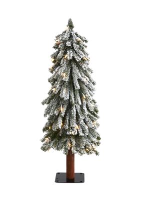 Nearly Natural 3 Foot Flocked Grand Alpine Artificial Christmas Tree with 50 Clear Lights and 193 Bendable Branches on Natural Trunk, White
