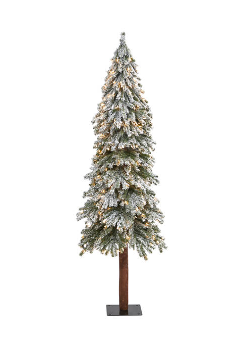 6 Foot Flocked Grand Alpine Artificial Christmas Tree with 300 Clear Lights and 601 Bendable Branches on Natural Trunk