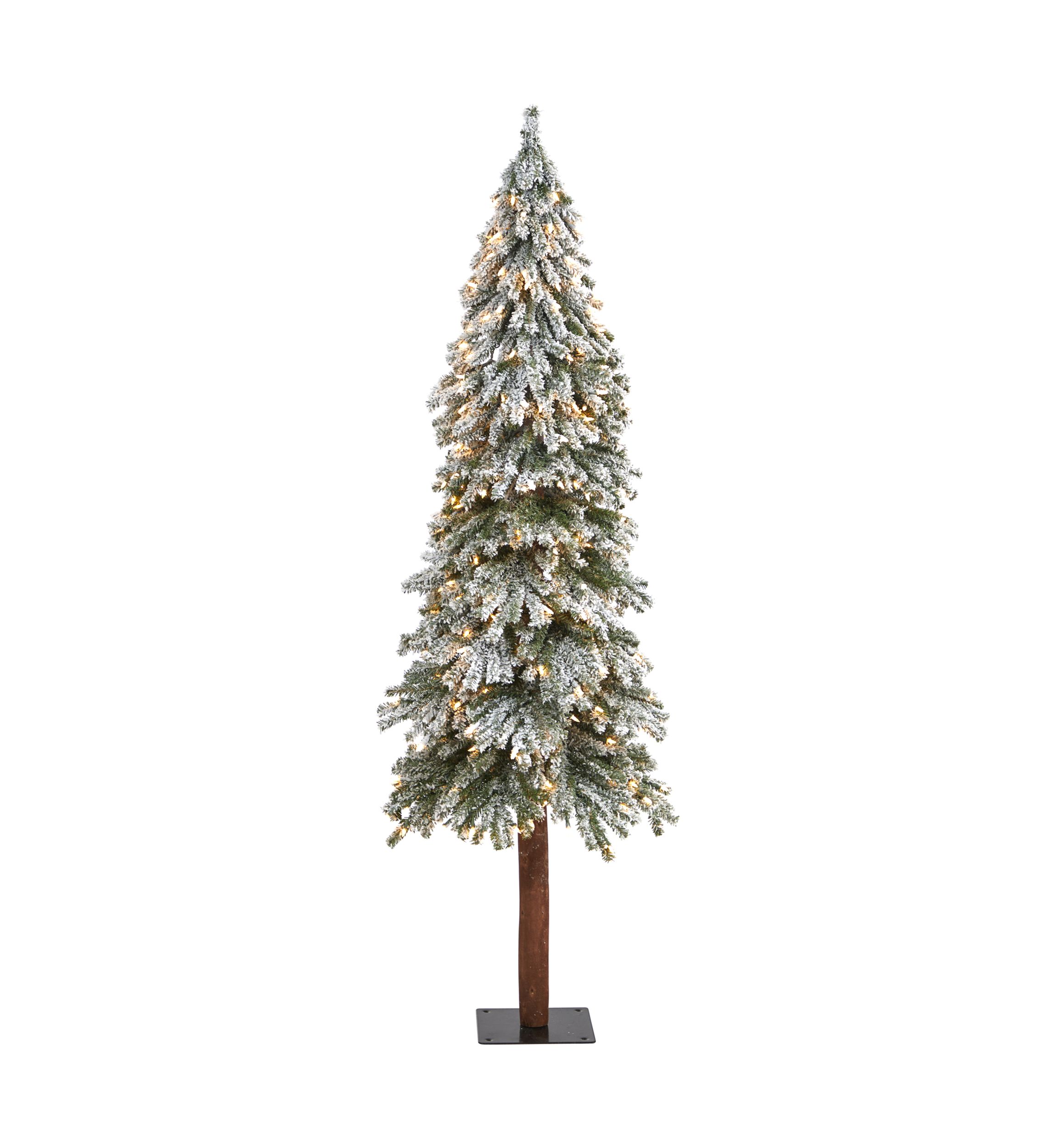 6 Foot Flocked Grand Alpine Artificial Christmas Tree with 300 Clear Lights and 601 Bendable Branches on Natural Trunk