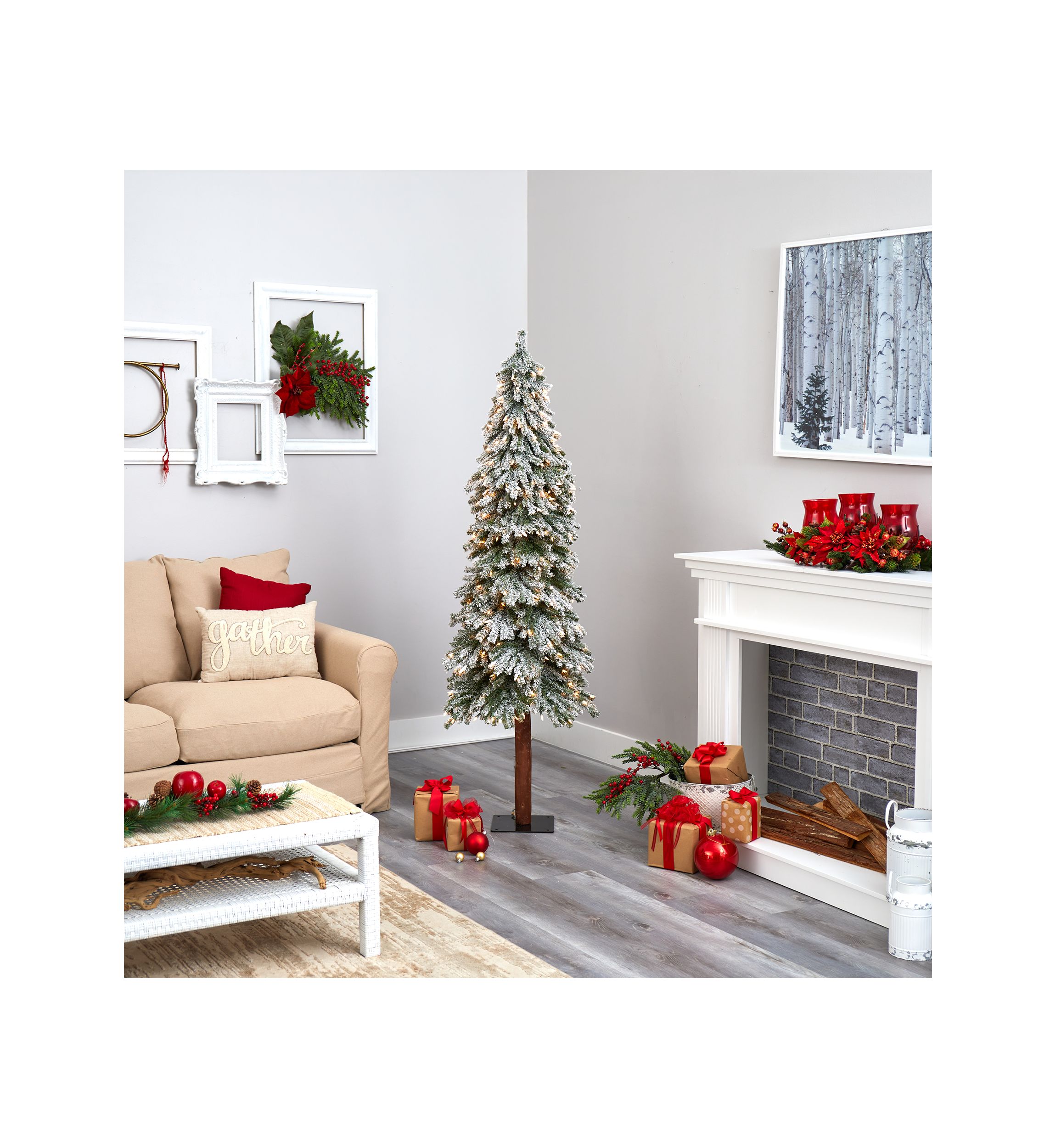 6 Foot Flocked Grand Alpine Artificial Christmas Tree with 300 Clear Lights and 601 Bendable Branches on Natural Trunk