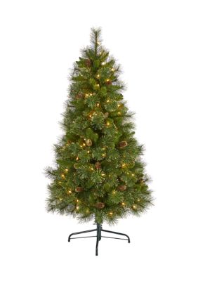 Nearly Natural 5 Foot Golden Tip Washington Pine Artificial Christmas Tree with 150 Clear Lights, Pine Cones and 432 Bendable Branches, Green -  0192897260640