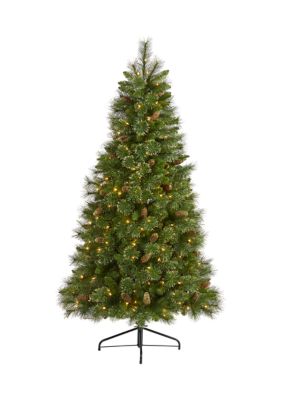 Nearly Natural 6 Foot Golden Tip Washington Pine Artificial Christmas Tree with 250 Clear Lights, Pine Cones and 750 Bendable Branches, Green -  0192897260633