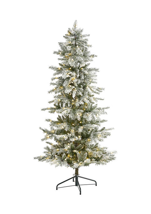 6.5 Foot Slim Flocked Nova Scotia Spruce Artificial Christmas Tree with 300 Warm White LED Lights and 699 Bendable Branches