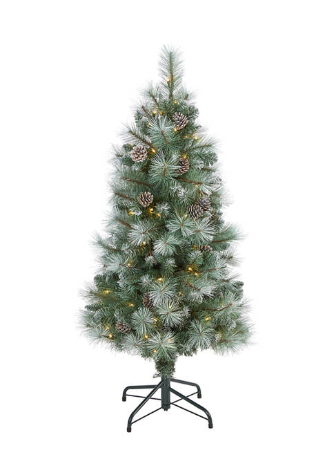 4 Foot Frosted Tip British Columbia Mountain Pine Artificial Christmas Tree with 100 Clear Lights, Pine Cones and 228 Bendable Branches