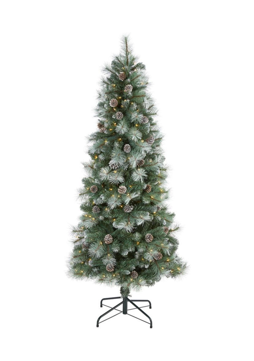 6 Foot Frosted Tip British Columbia Mountain Pine Artificial Christmas Tree with 250 Clear Lights, Pine Cones and 588 Bendable Branches