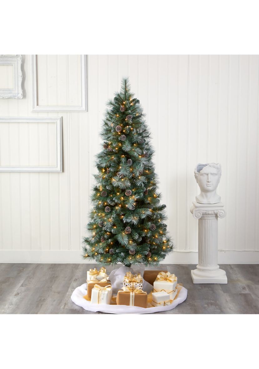 6 Foot Frosted Tip British Columbia Mountain Pine Artificial Christmas Tree with 250 Clear Lights, Pine Cones and 588 Bendable Branches