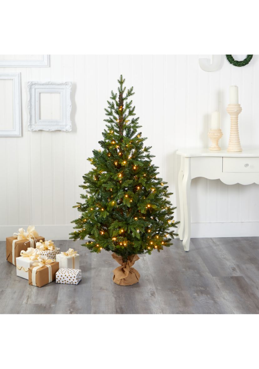 5 Foot Fraser Fir “Natural Look” Artificial Christmas Tree with 190 Clear LED Lights, a Burlap Base and 1217 Bendable Branches